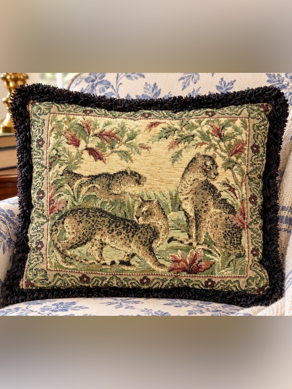 Vintage Woven Tapestry Throw Pillow Black Fringe Safari Decor Grandmillenial